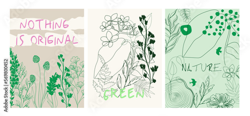 Collection of abstract nature posters. Botanical poster template. Editable vector illustration.