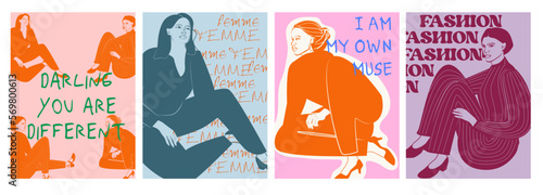 Collection of femeninity posters. Poster template with woman face and body. Inspiration posters. Editable vector illustration.