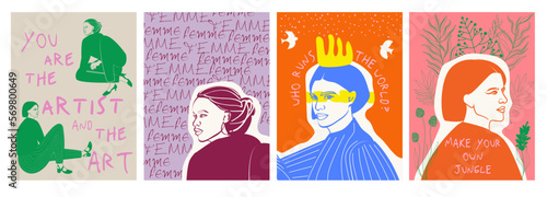 Collection of femeninity posters. Poster template with woman face and body. Inspiration posters. Editable vector illustration.