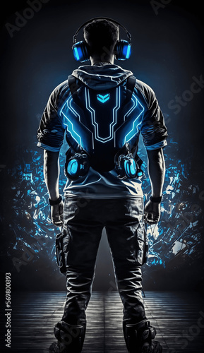 Futuristic E-sports Gamer and gaming headset with neon lights Digital Illustration