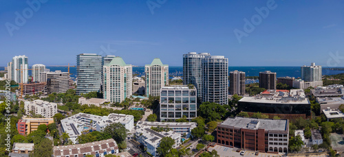Aerial view of Miami Florida city skyline with modern buildings against sky. Beautiful landscape of downtown homes and skyscrapers with ocean view in the background.