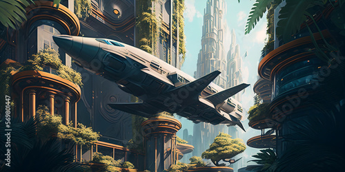 High-rise buildings, flying vehicles, and lush vegetation all coexist in futuristic fantasy cityscape, Generative AI