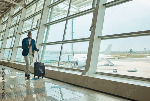 Airport travel, phone or black man walking to airplane, flight booking or corporate transportation journey. Luggage suitcase, plane departure or typing businessman contact online user on holiday trip