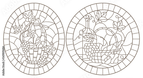 A set of contour illustrations of stained glass Windows with still lifes, a bottle of wine and fruit ,dark contours on a white background