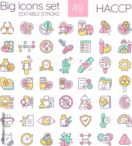 HACCP RGB color icons set. System of food quality control. Products manufacturing safety. Hazard prevention. Isolated vector illustrations. Simple filled line drawings collection. Editable stroke