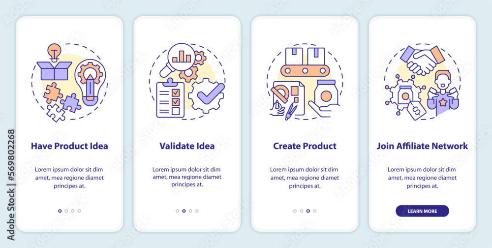 Become affiliate merchant onboarding mobile app screen. E commerce walkthrough 4 steps editable graphic instructions with linear concepts. UI, UX, GUI template. Myriad Pro-Bold, Regular fonts used