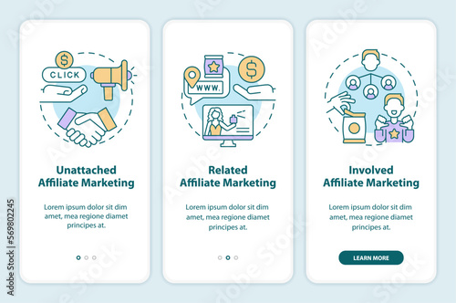 Affiliate marketing programs onboarding mobile app screen. Commerce walkthrough 3 steps editable graphic instructions with linear concepts. UI, UX, GUI template. Myriad Pro-Bold, Regular fonts used