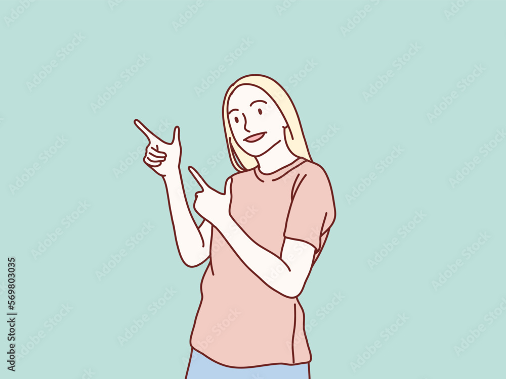 Young woman pointing to the side with his hands finger simple korean style illustration Young woman pointing to the side with his hands finger simple korean style illustration