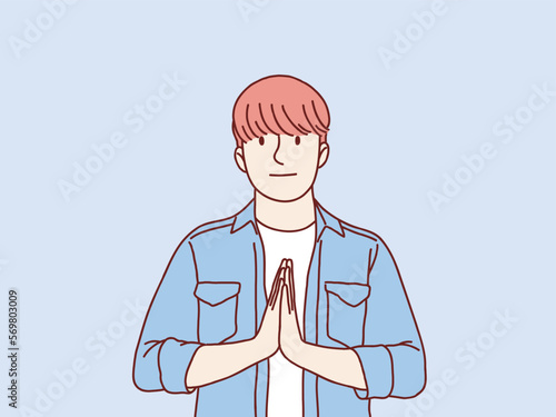 young asian man please and apologize pose for forgive press palms pray gesture simple korean style illustration