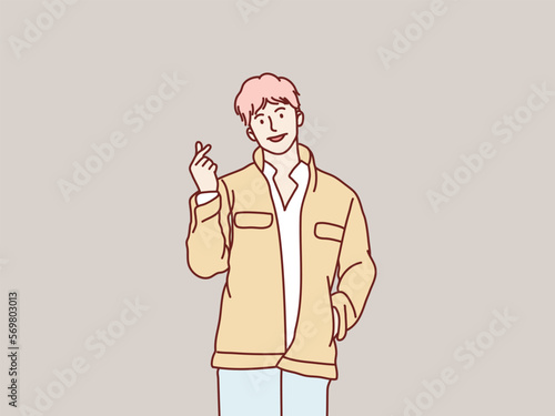 Young man smiling happy showing mini heart shaped love hands gesture simple korean style illustration