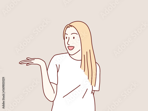 Young woman presenting something on the palm of her hand simple korean style illustration