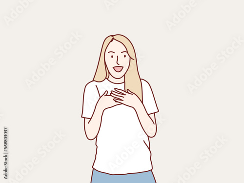 Young woman presses hand to heart feels touched admirable and grateful simple korean style illustration