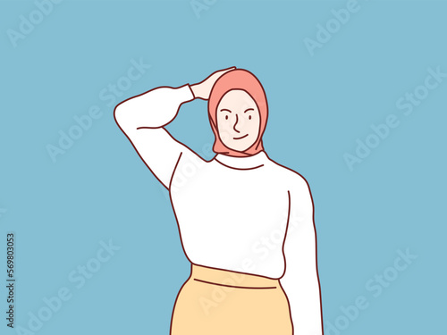 Confused hijab Muslim woman scratching his head simple korean style illustration