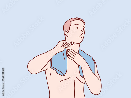 Man shaving his face and with a towel on his shoulders simple korean style illustration