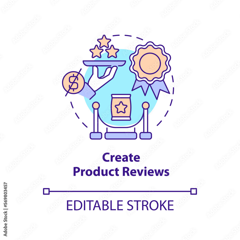 Create product reviews concept icon. Public presentation. Begin affiliate program abstract idea thin line illustration. Isolated outline drawing. Editable stroke. Arial, Myriad Pro-Bold fonts used