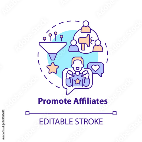Promote affiliates concept icon. Choose brands and products. Begin business program abstract idea thin line illustration. Isolated outline drawing. Editable stroke. Arial, Myriad Pro-Bold fonts used