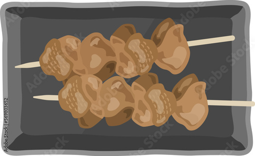 皿に盛り付けられた、タレ漬けの焼き鳥のイラスト