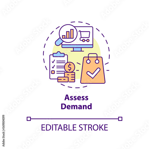 Assess demand concept icon. Search trends. Select affiliate marketing niche abstract idea thin line illustration. Isolated outline drawing. Editable stroke. Arial, Myriad Pro-Bold fonts used