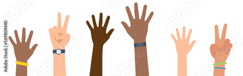 Multi-ethnic and Diverse Hands Raised Up Isolated on White Background. Vector Illustration