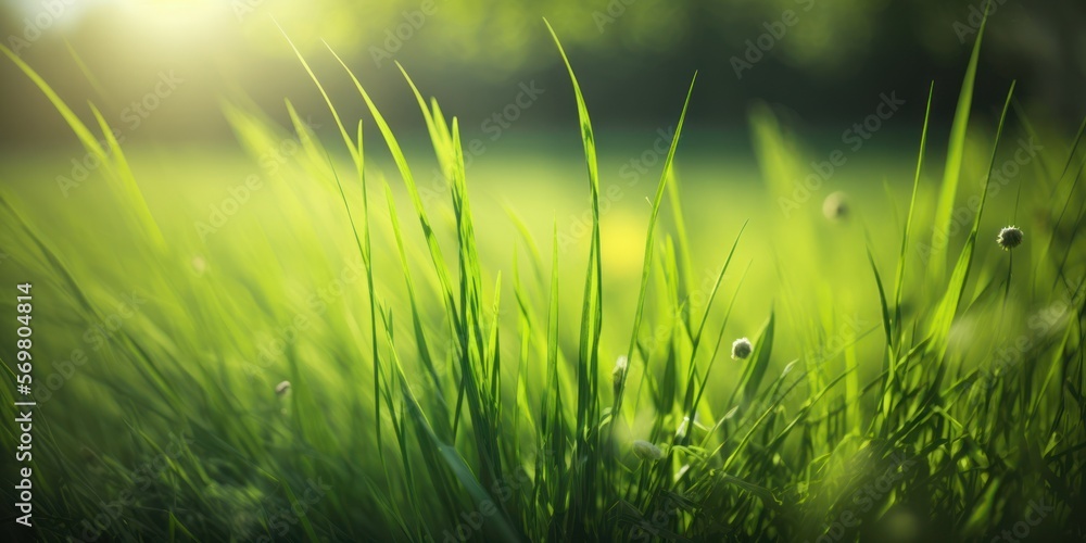 Green grass close up. Spring field and sunshine. Generative AI Green grass close up. Spring field and sunshine. Generative AI