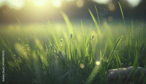 Green grass close up. Spring field and sunshine. Generative AI