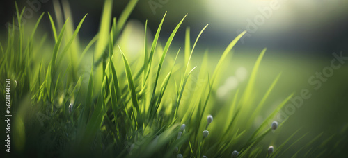 Green grass close up. Spring field and sunshine. Generative AI