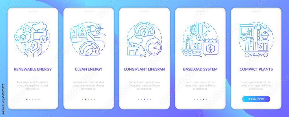 Using geothermal energy advantages blue gradient onboarding mobile app screen. Walkthrough 5 steps graphic instructions with linear concepts. UI, UX, GUI template. Myriad Pro-Bold, Regular fonts used