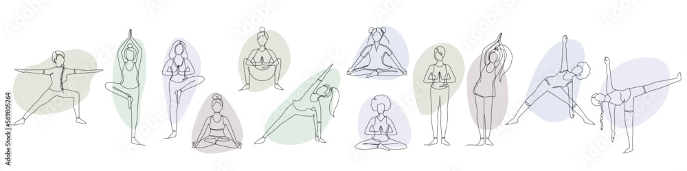 Fototapeta Set of single line drawings of a girl sitting and standing in a yoga pose, abstract shapes backgrounds. Doodle illustrations of relaxing workout bundle.