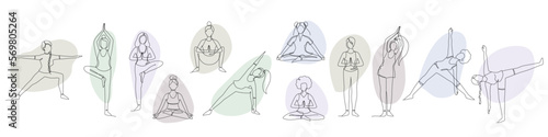 Set of single line drawings of a girl sitting and standing in a yoga pose, abstract shapes backgrounds. Doodle illustrations of relaxing workout bundle.