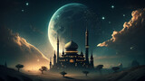 Mosque Background Moon and Stars in Fantasy Sky, Generative AI