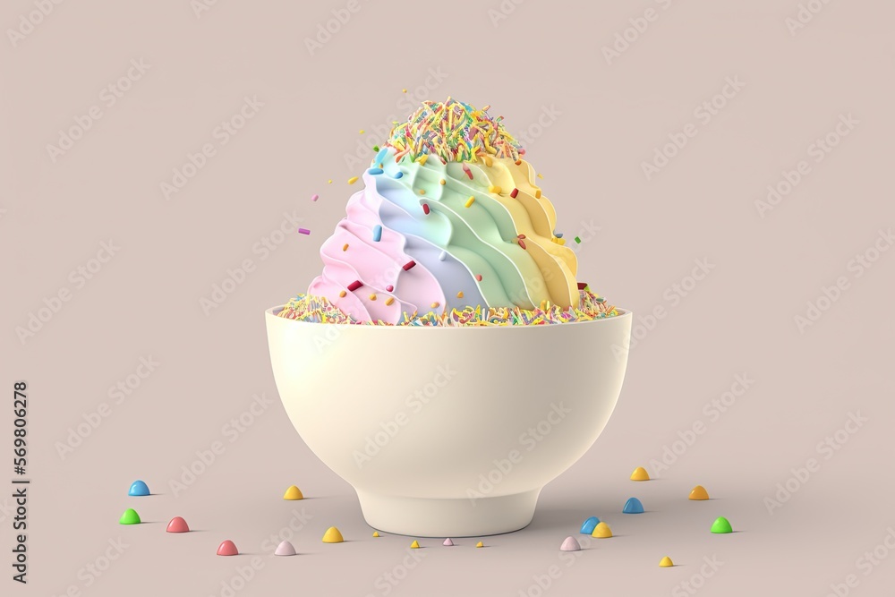 Minimalist 3D render of a bowl of creamy, smooth ice cream topped with rainbow sprinkles | soft pop | generative AI Minimalist 3D render of a bowl of creamy, smooth ice cream topped with rainbow sprinkles | soft pop | generative AI