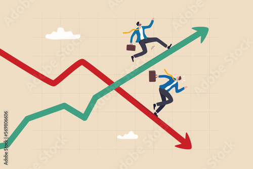 Profit and loss, investment direction or economic forecast, growth and decline in profit, make money or losing money concept, businessman running on rising up growth graph and decline recession down.