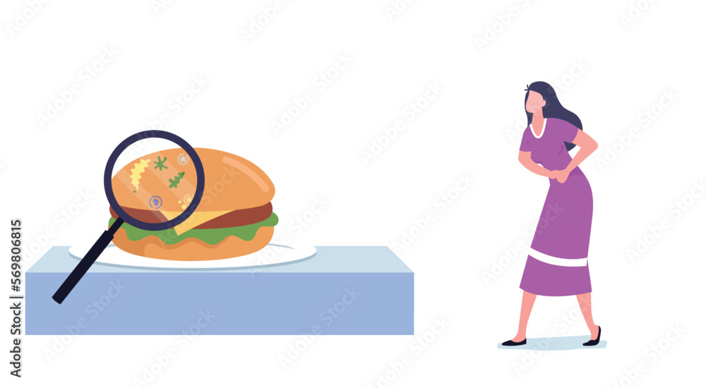 Fototapeta premium Stomach pain for contaminated food bacteria and virus in foods caused food poisoning. Food Poisoning, Contaminated food Products. Sick Characters Nausea and Vomit Research Ingredients in Laboratory