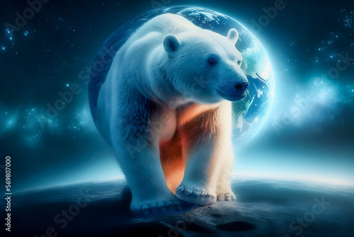 A majestic polar bear stands on the arctic ice  with planet earth visible behind. Generative AI