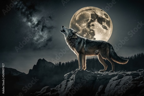 Wolf howling on a cliff in the full moon