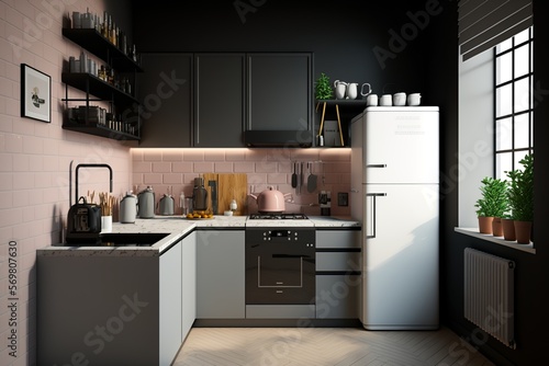 Modern minimalistic kitchen interior with kitchen cabinet and fridge