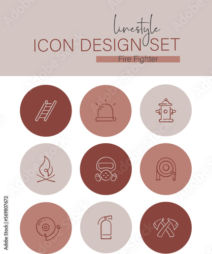 Linestyle Icon Design Set Fire Fighter