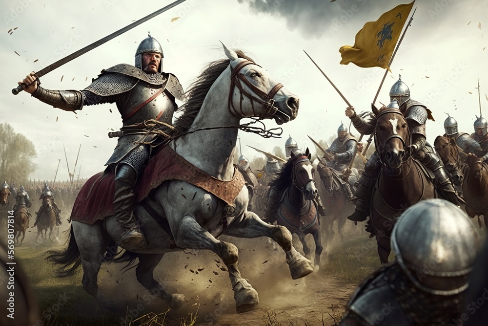 Naklejka premium Intense medieval battle with cavalry and foot soldiers in plate armor