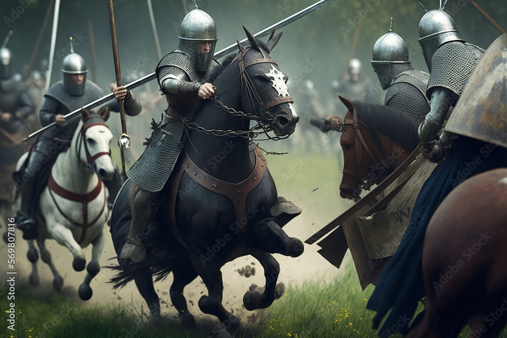 Naklejka premium Intense medieval battle with cavalry and foot soldiers in plate armor