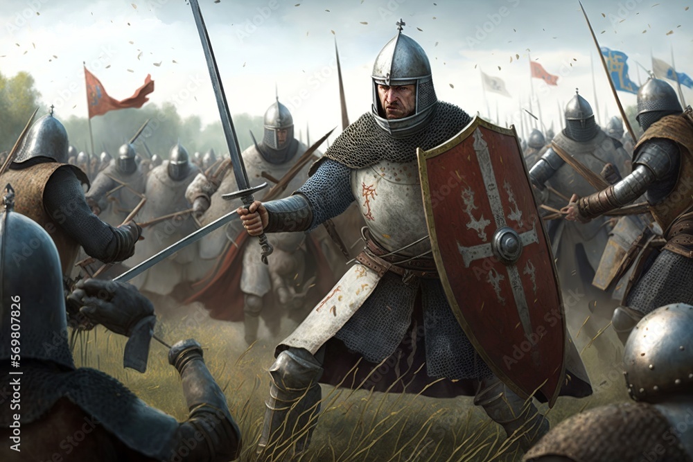 Naklejka premium Intense medieval battle with foot soldiers with shield and plate armor