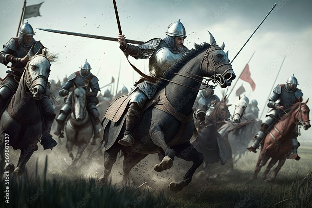 Naklejka premium Intense medieval battle with cavalry and foot soldiers in plate armor
