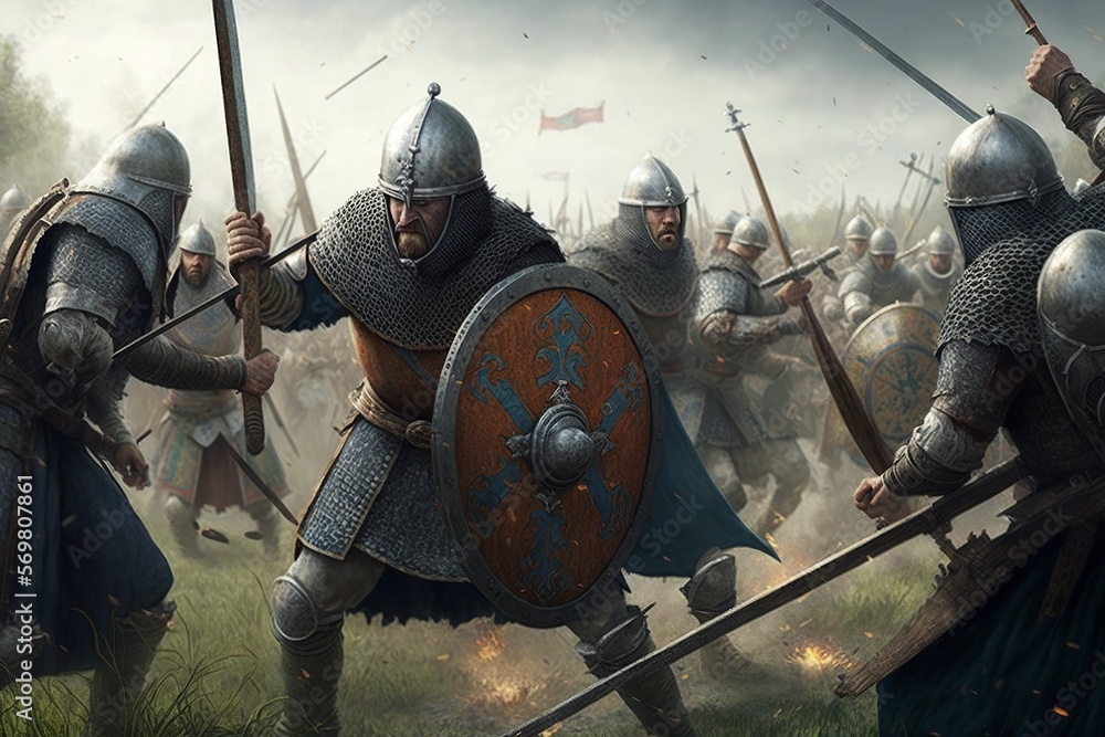 Intense medieval battle with foot soldiers with shield and plate armor Stock Illustration