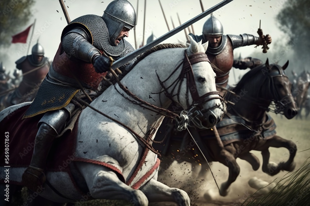 Intense medieval battle with cavalry and foot soldiers in plate armor Intense medieval battle with cavalry and foot soldiers in plate armor