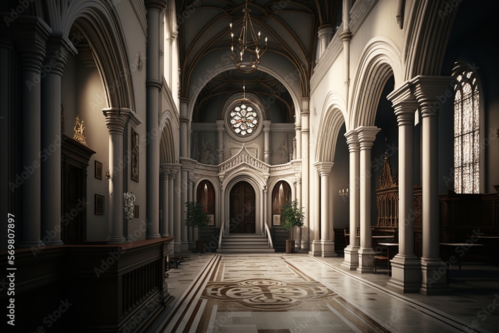 Gothic church interior with rosace and pew