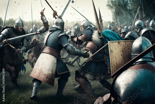 Intense medieval battle with cavalry and foot soldiers in plate armor