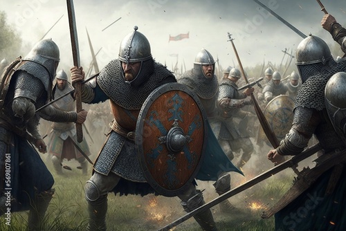 Intense medieval battle with foot soldiers with shield and plate armor