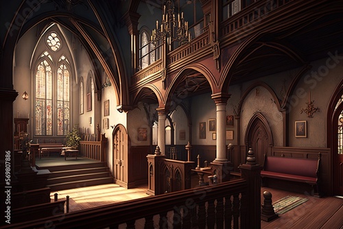 Gothic church interior with rosace and pew photo