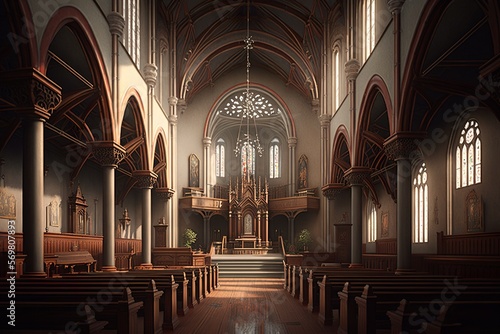 Gothic church interior with rosace and pew