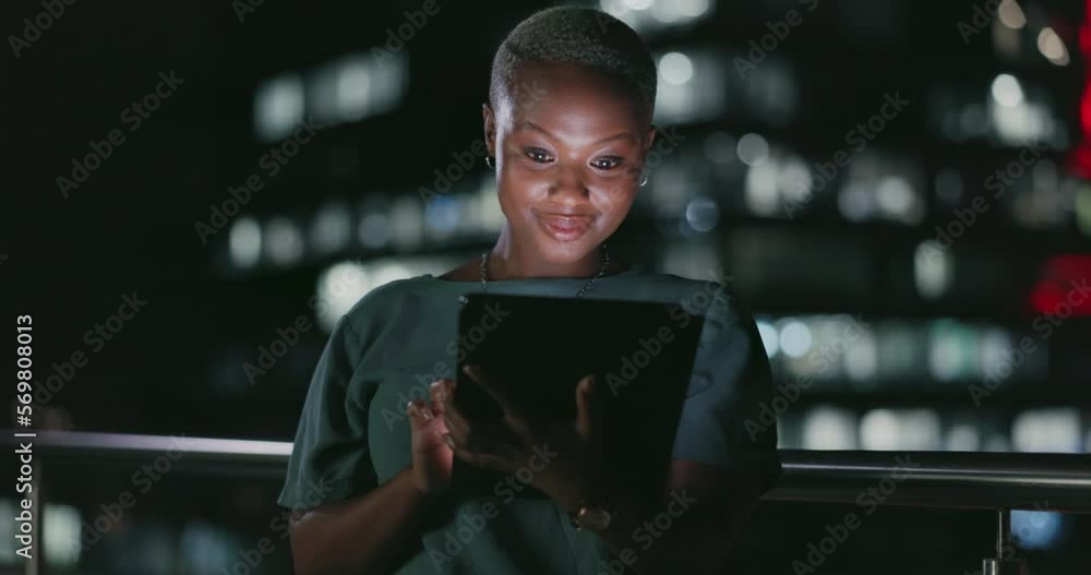 Tablet, night balcony and happy black woman reading positive social network feedback, customer experience or ecommerce. Brand monitoring data, web research or media worker typing online survey review Tablet, night balcony and happy black woman reading positive social network feedback, customer experience or ecommerce. Brand monitoring data, web research or media worker typing online survey review