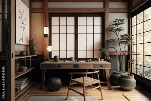 Japandi interior style study room with plants, bonsai tree, wooden desk and a bamboo stool